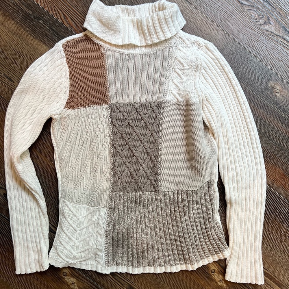 Vintage Patchwork Style Cableknit Turtleneck Crea… - image 1